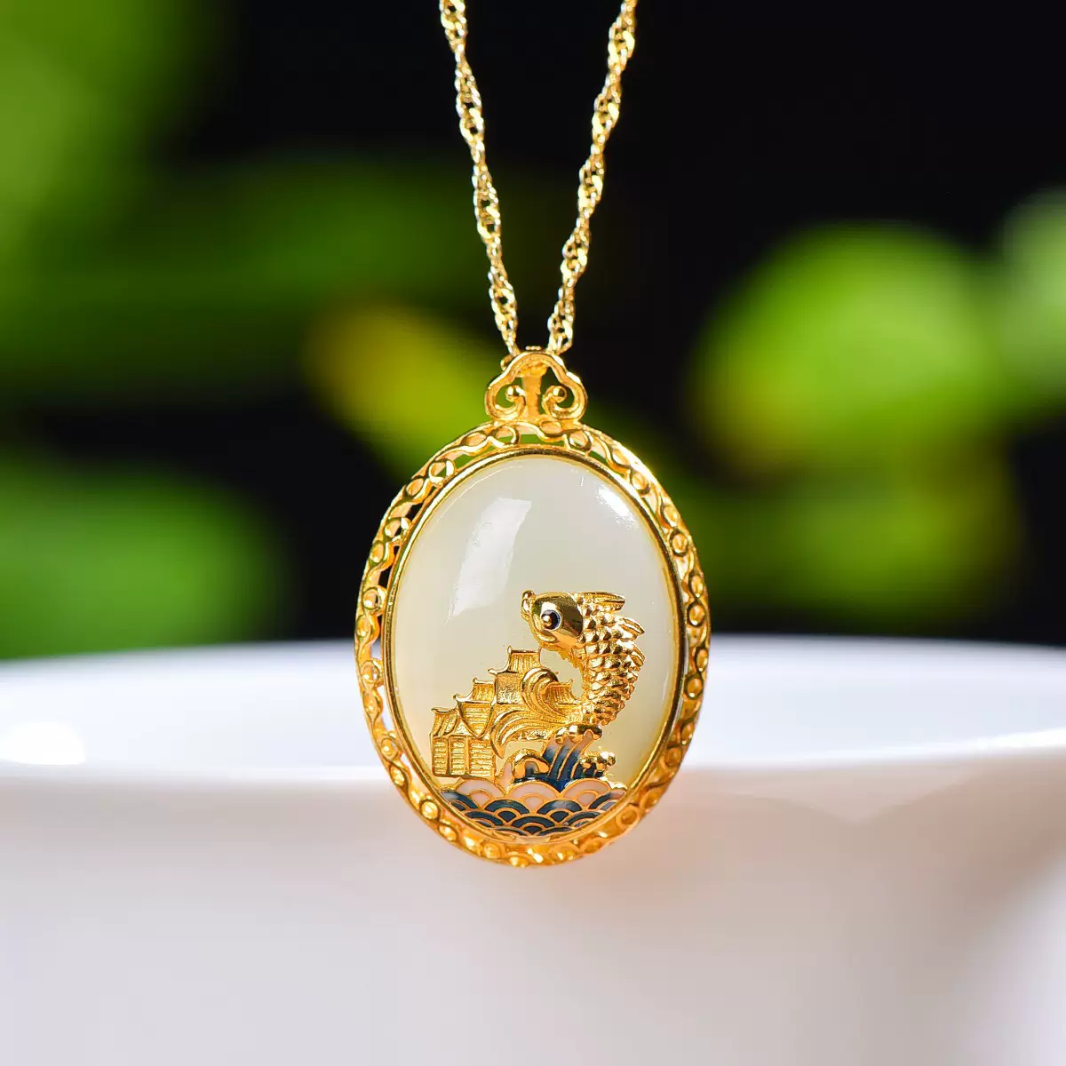 s925银镶嵌和田玉蛋面珐琅鱼跃龙门吊坠小众轻奢饰品礼物送女友