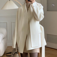 韩版东大门女装V领围巾腰带气质大衣小个子毛呢外套