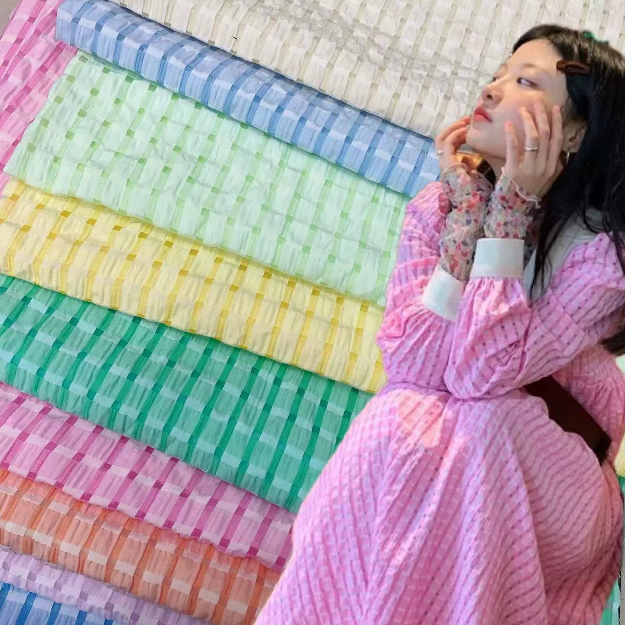 微皱!蓬蓬雪纺镂空格子面料 软妹裙蛋糕裙Lolita汉服包包布料