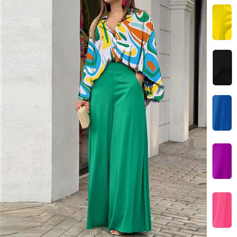 2026 Spring New Women's Clothing Cross-Border European and American Casual Sports Suit Fashion Printed Shirt and Wide-Leg Pants Set