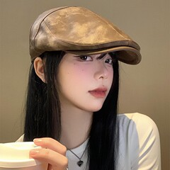咖色pu皮质前进帽女美式复古百搭贝雷帽大头围显脸小反戴鸭舌帽子