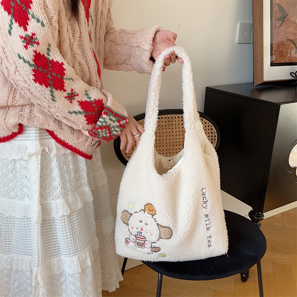 312201 Korean version ins Autumn/Winter Collection, fluffy single-shoulder bag, cute female dog embroidered large capacity tote bag Item Picture