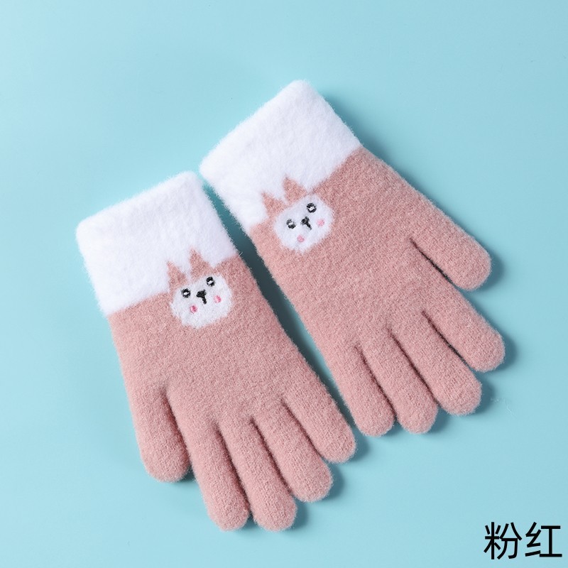 手套女小学生冬季可爱卡通兔子针织保暖防寒五指毛线儿童写字手套|undefined