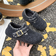 毛呢勃肯鞋女2025新款秋冬季加绒一脚蹬软底棉鞋灰色毛毛鞋豆豆鞋