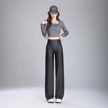 PU皮裤女春秋外穿磨毛前口袋高腰直筒裤大码垂感微弹显腿长显瘦