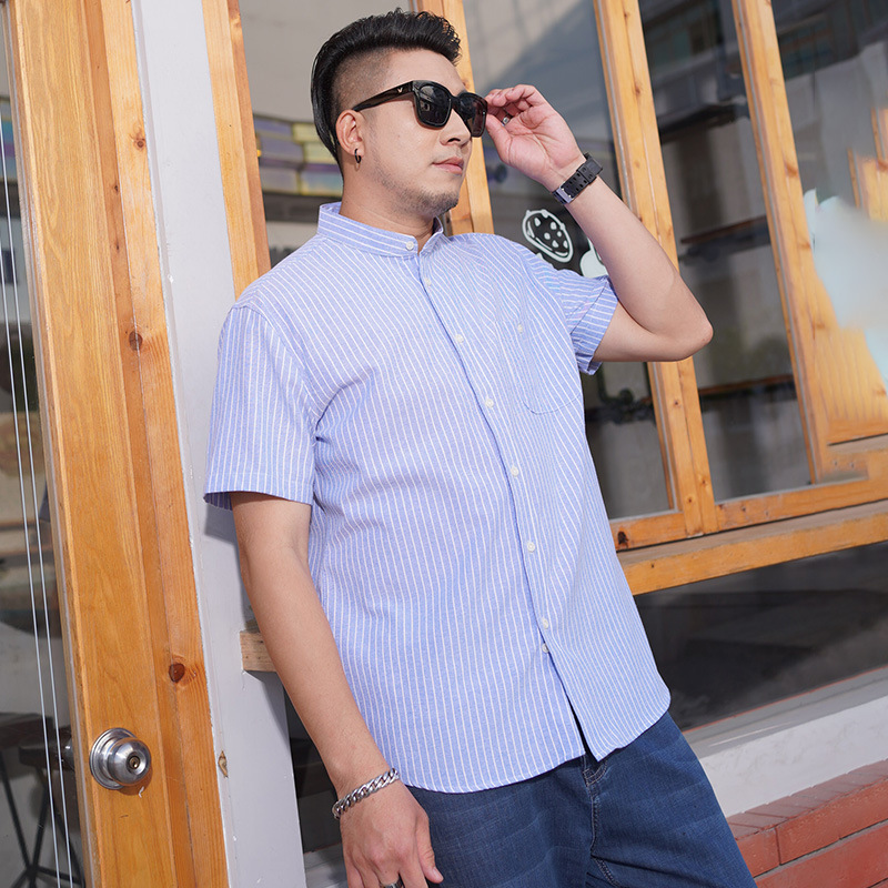 跨境大码男装短袖衬衫肥佬胖哥夏季中国风立领条纹衬衣加肥加大码
