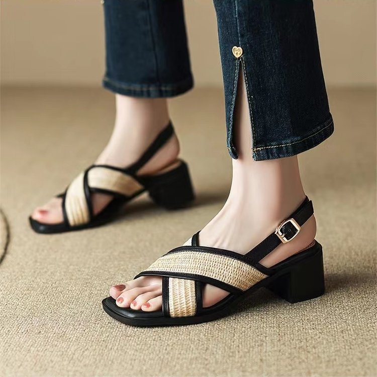 Chunky heel design high heels black elegant peep toe sandals fairy shoes spring and summer women's French sandals single shoes women
