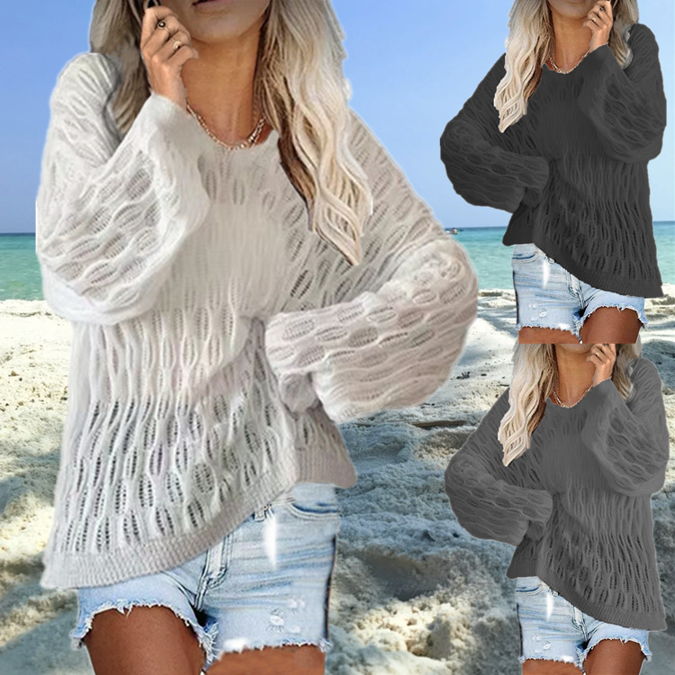 Blusa de Punto Calada Off-Shoulder para Mujer en Acrílico, UPF50+, Corte Holgado, para Primavera Verano