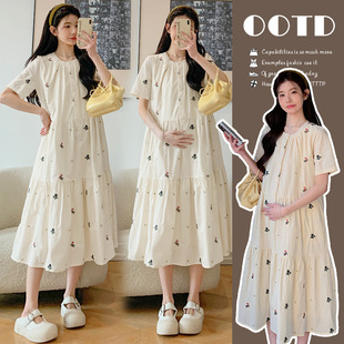 Maternity 2025 Summer New Sweet Design Embroidered Floral Mid-length Short-sleeved dress for Pregnant Women
