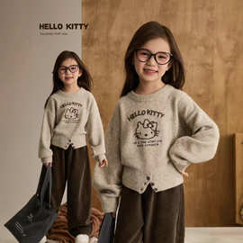 面包仔女童KT猫混羊绒毛衣+格子裤套装