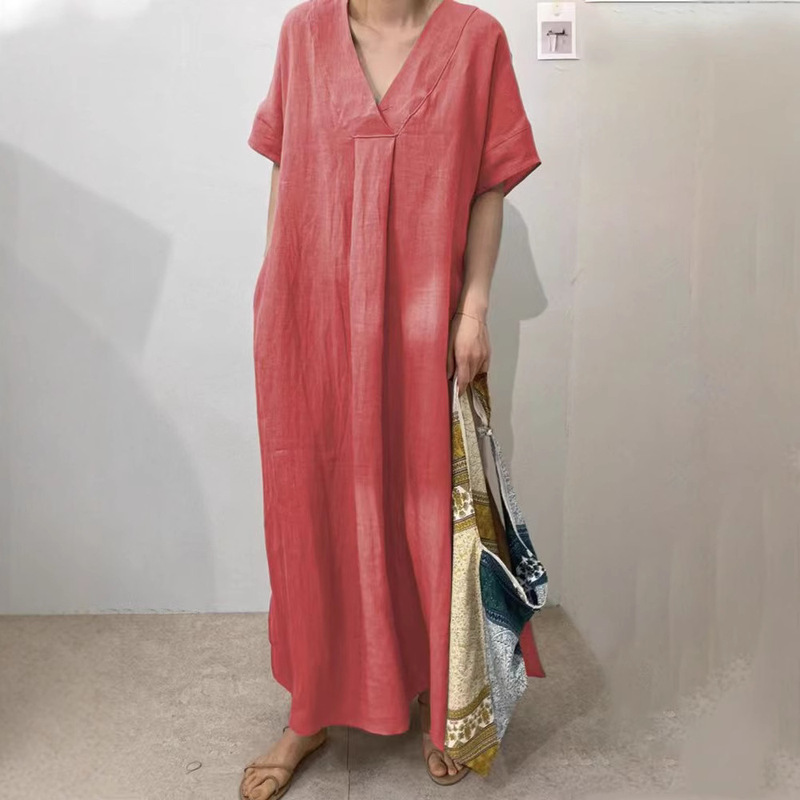 2025 Foreign Trade Cross-border New Women's Casual Short-sleeved V-neck Discount Clear Color Multicolor Women's dress Long Dress 2025 Foreign Trade Cross-border New Women's Casual Short-sleeved V-neck Discount Clear Color Multicolor Women's dress Long Dress
