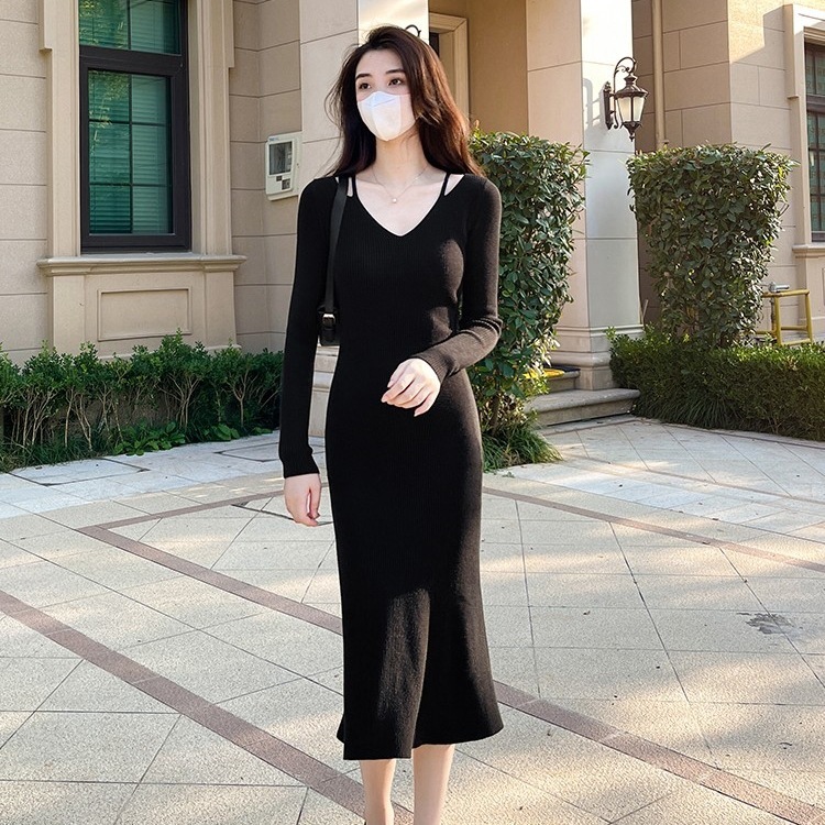 秋冬装长款过膝百搭连衣裙针织纯色针织衫修身内搭女收腰毛衣裙子|undefined