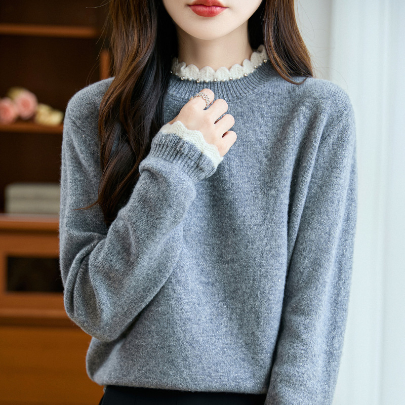 秋冬季新款纯色抽条欧根纱木耳领毛衣女内搭羊毛针织打底衫女|undefined
