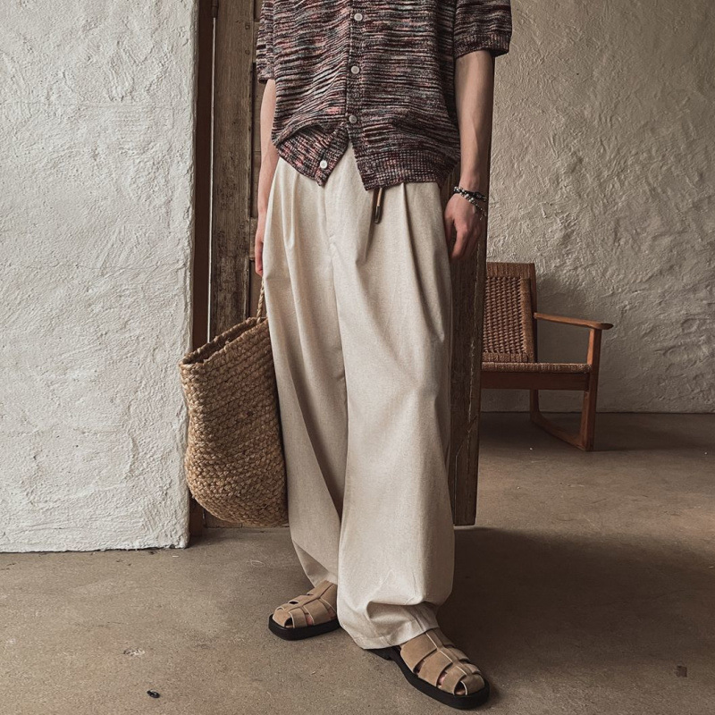 Myq Linen Straight Casual Pants Men's Summer Old Money Style Wide Leg Pants Korean Style Work Clothing Cleanfit Wear