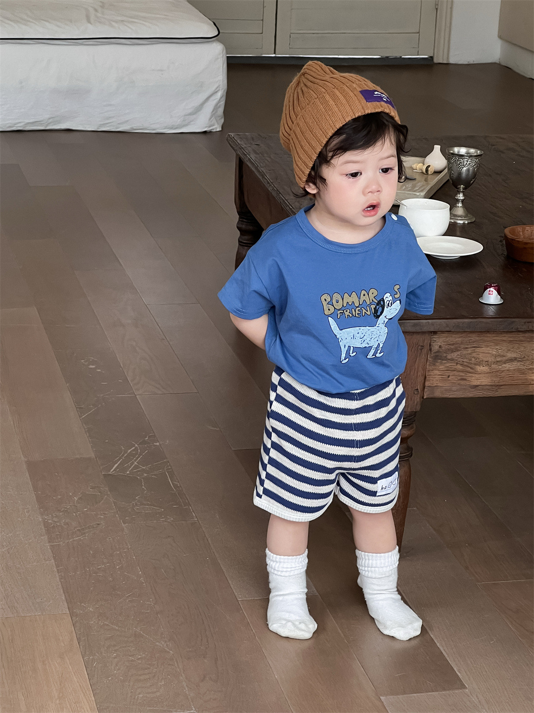 男童夏季衣服薄款2026儿童夏装韩版童装宝宝卡通T恤条纹短裤套装