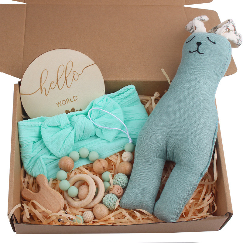 Clip de chupete de madera de haya de conejo de dibujos animados para bebés, banda para el cabello con lazo para bebés, cadena de chupete, juego de cinco piezas