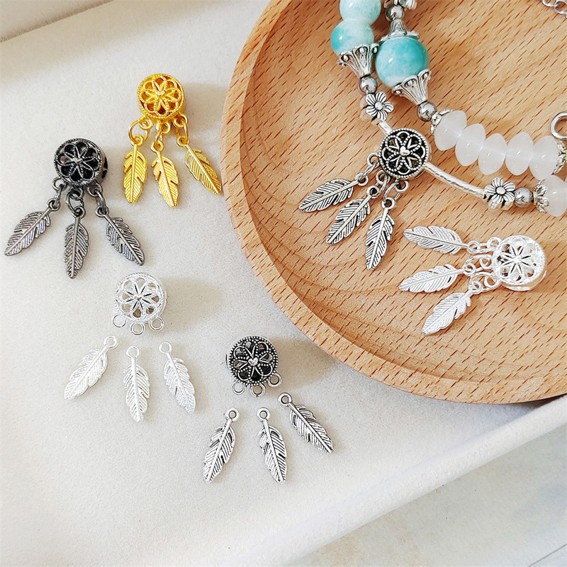 Xizang Silver Dream Catcher Alloy Large Hole Bead Multi-Hanging Room Bright Silver Feather Tassel Accessories Handmade DIY Beaded Bracelet