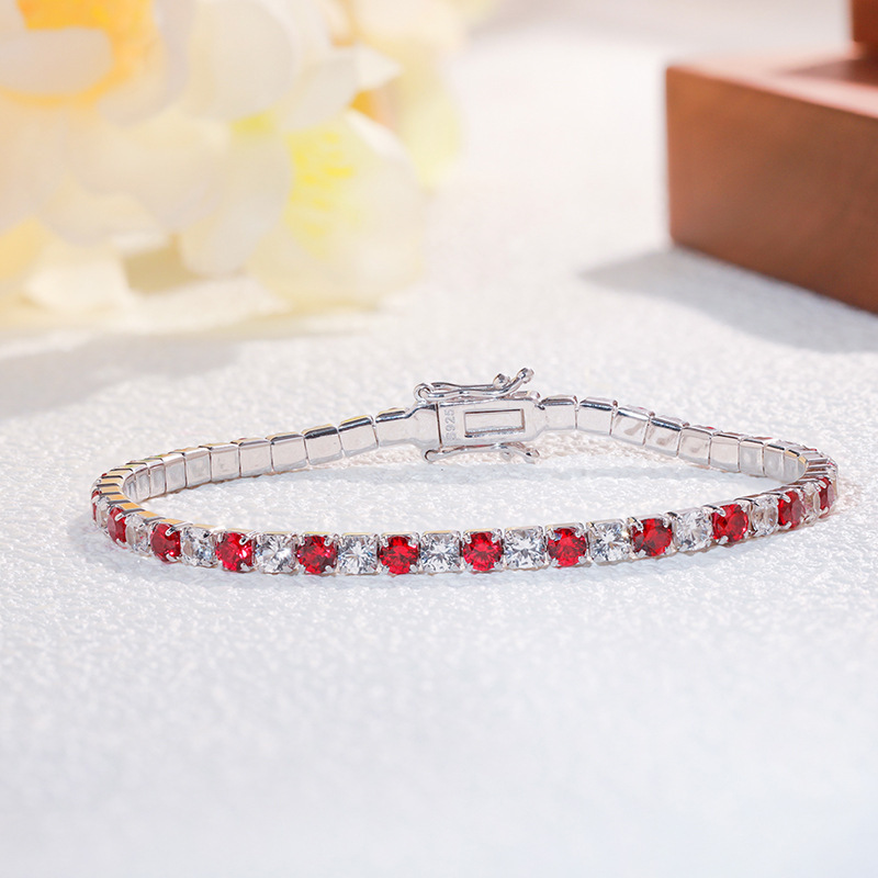 2026 New Model 925 Sterling Silver Cultured Ruby Tennis Bracelet, Light Luxury Niche 3mm Single Row Full Diamond Jewelry Wholesale