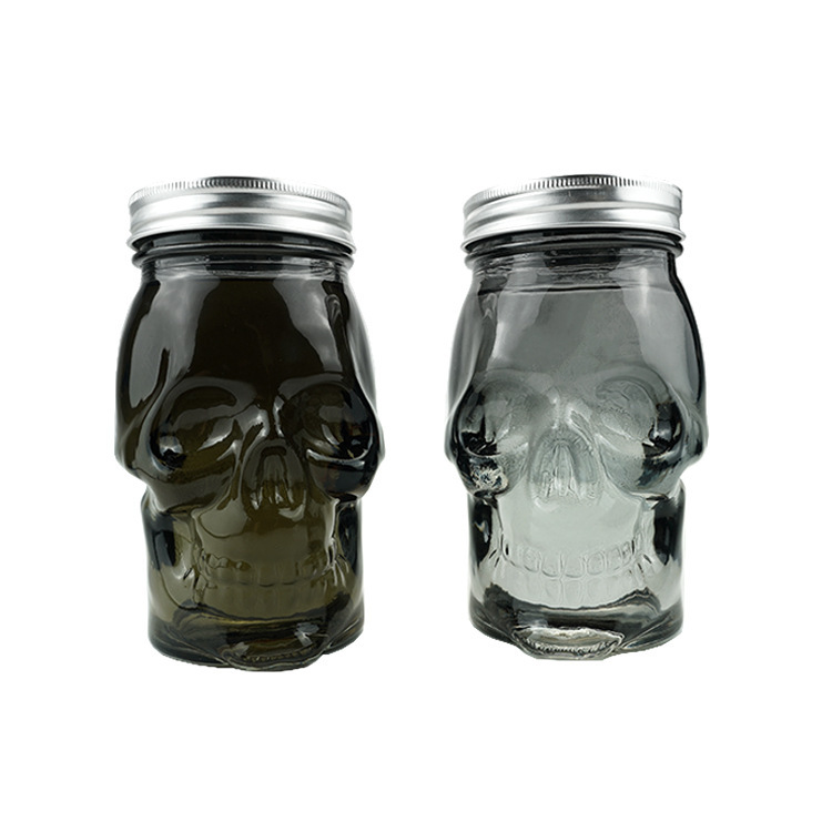 现货500ml玻璃骷髅头储物罐透明灰色款搭配盖子批发