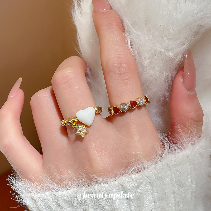 Bague ouverte en or véritable plaqué or avec zircon en forme de cœur et goutte d'huile, pour femme. Bague polyvalente et élégante pour l'index, à la fois tendance et simple._voghion.com