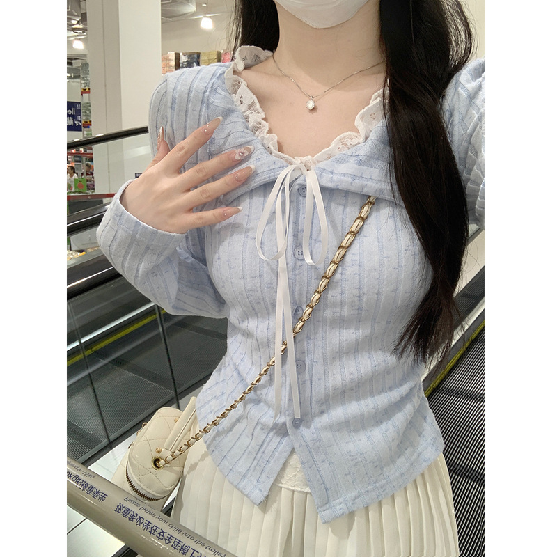 Snowflake Striped Brushed Pure Desire Blue Lace Fake Two-Piece Long-Sleeved T-Shirt for Women Autum Inner Layering Shirt Short Top