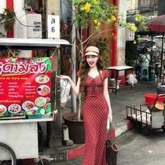 韩系复古泡泡袖连衣裙格纹蕾丝拼接夏季设计感小众修身显瘦长裙