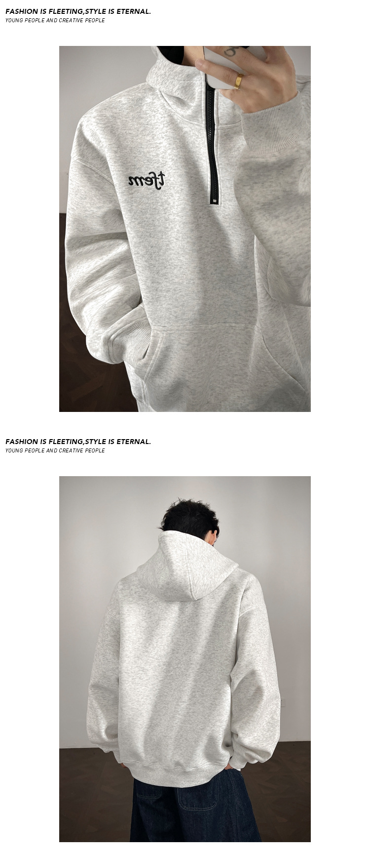 Felpa con cappuccio ricamata da uomo con zip in cotone pesante_voghion.com