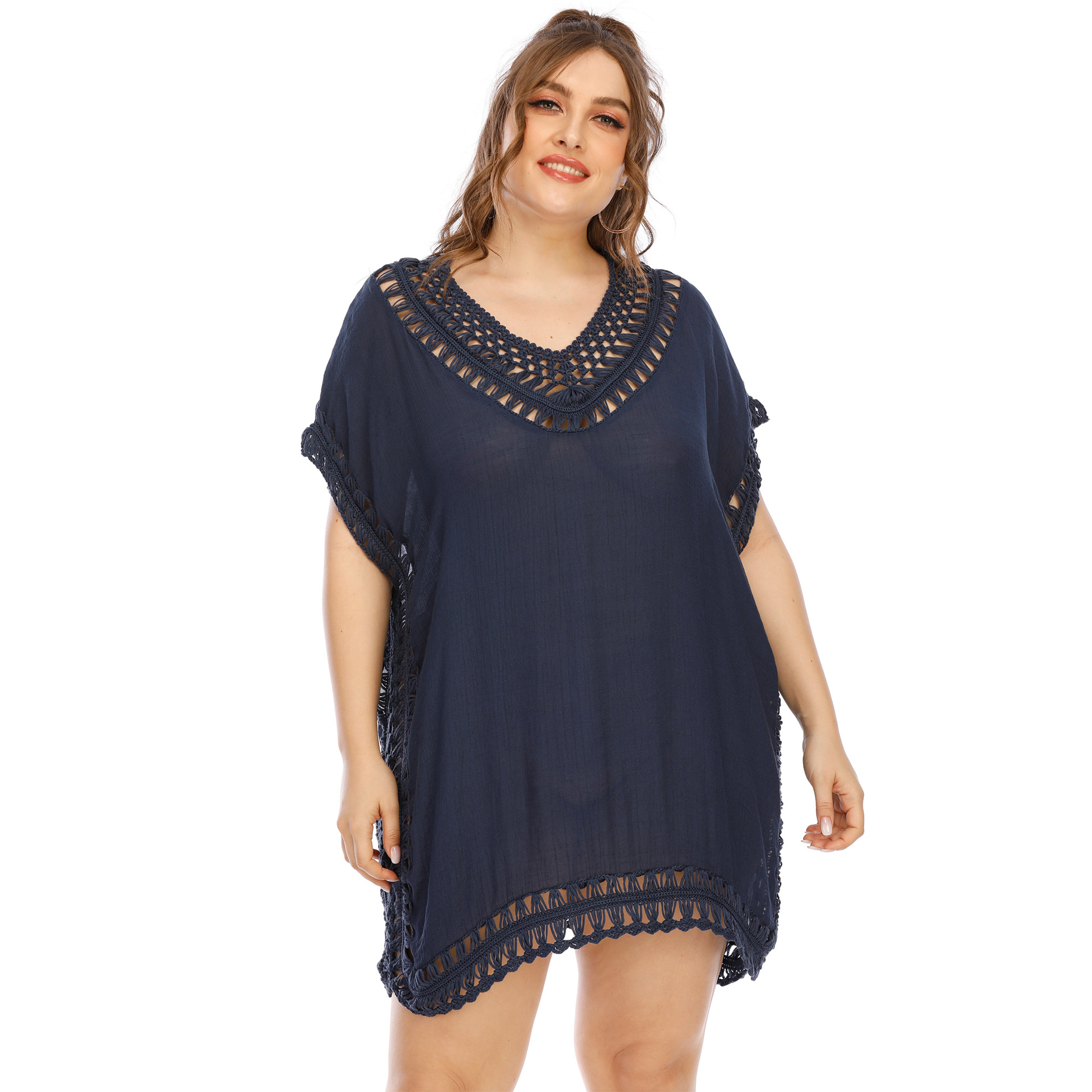 plus size hollow V-neck short sleeve loose solid color beach outdoor cover-up (multicolor) NSOY125343