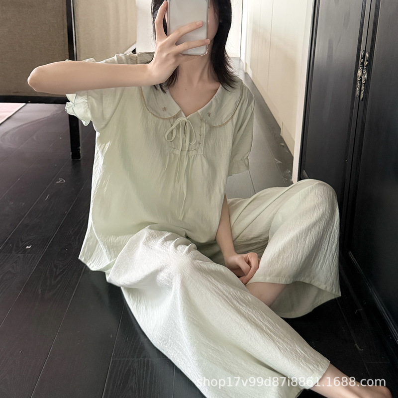 Plus-Size Women's Summer Pajamas Short-Sleeve Long Pants Sweet Doll Collar Korean-Style Embroidered Loose Loungewear Set Tencel Linen