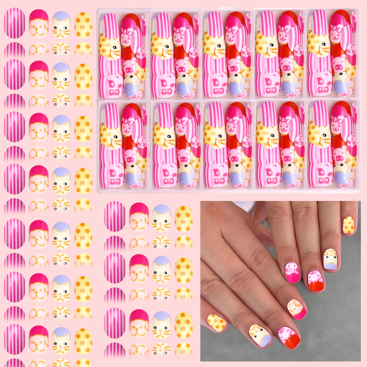 Nuevo niño impresión UV desgaste de uñas 120 piezas de caja de uñas falsas lindas dibujos animados mezclados parches de uñas