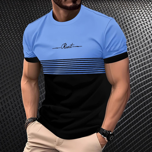 20253D Digital Printing Summer Men's Casual Versatile Trendy Fashion Color-blocked Short-sleeve Round Neck T-shirt
