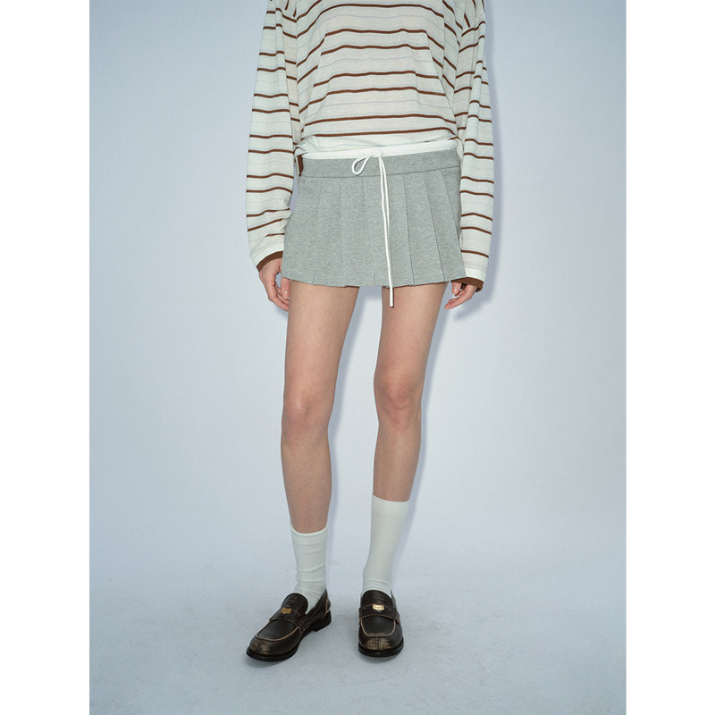 [Shixing] New Product Pleated Pleated Color-Blocked Elastic Waist Tied Three-Quarter Pants Sports Casual Low-Waist Culottes V8100