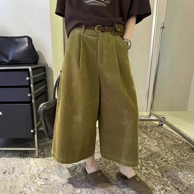 Vintage Petite Corduroy Wide-Leg Pants for Women, Autumn Loose High-Waisted Versatile Casual Straight-Leg Cropped Pants Trendy