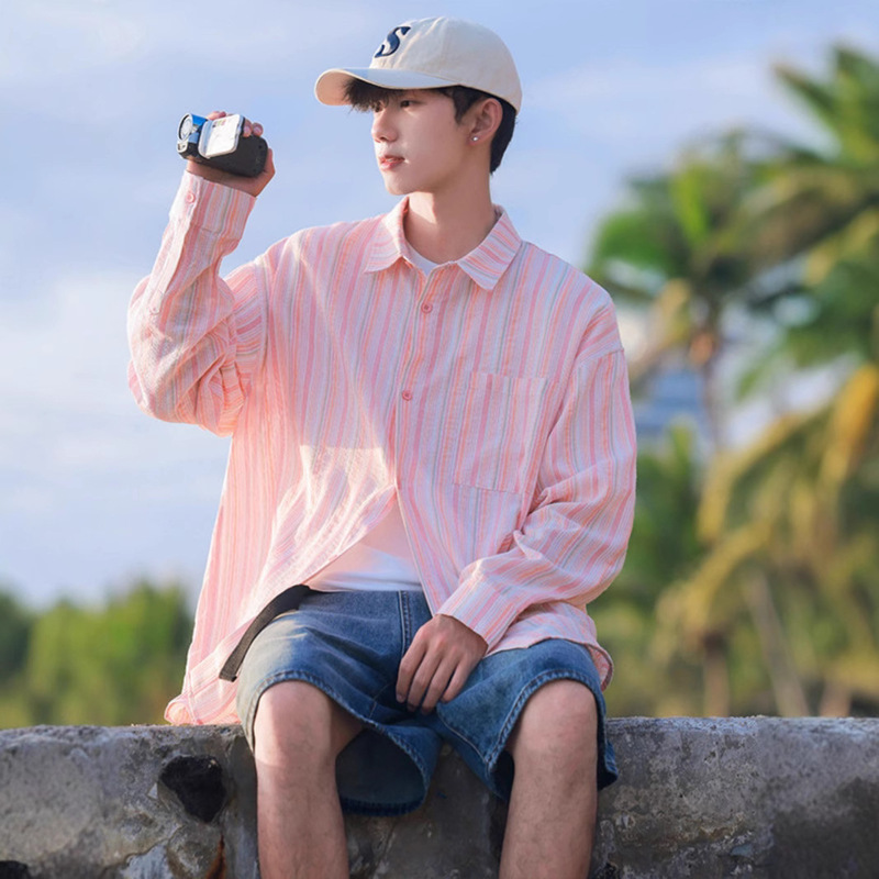Colorful Striped Shirt Men's Summer Dopamine Wear Sunscreen Long-sleeved Shirt Trendy Brand plus size High-end Sense Jacket Colorful Striped Shirt Men's Summer Dopamine Wear Sunscreen Long-sleeved Shirt Trendy Brand plus size High-end Sense Jacket