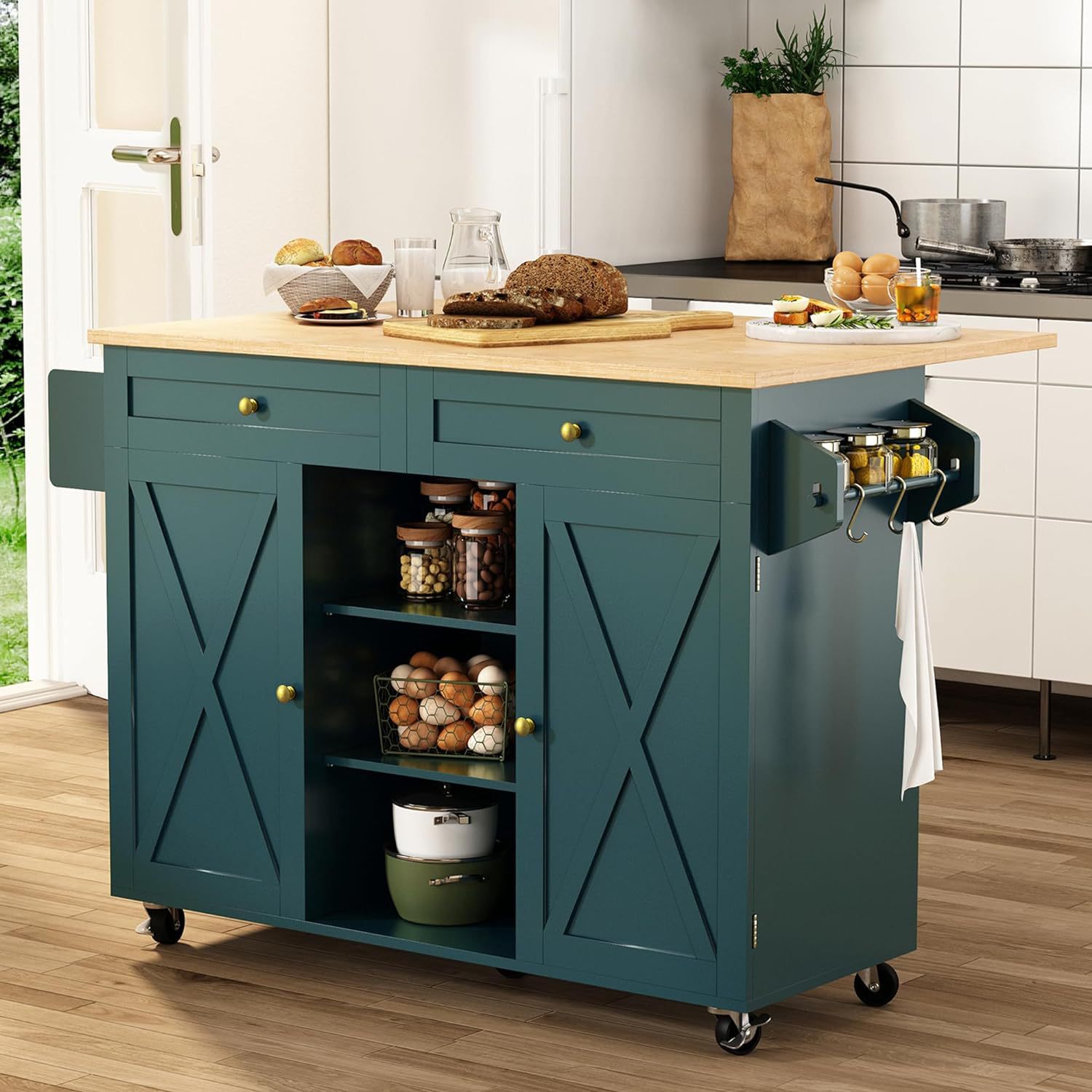 Kitchen island roller deciduous countertop barn door kitchen island table with storage cabinet green natural color large table top