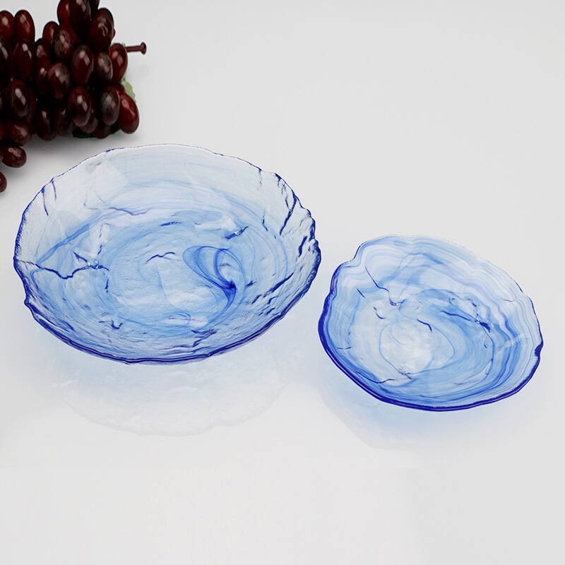 Sea Blue Glass Plate with Irregular Cloud Pattern, Pink Glass Bowl, Dessert Bowl, Breakfast Plate, Breakfast Bowl with a Round Cloud-Like Texture