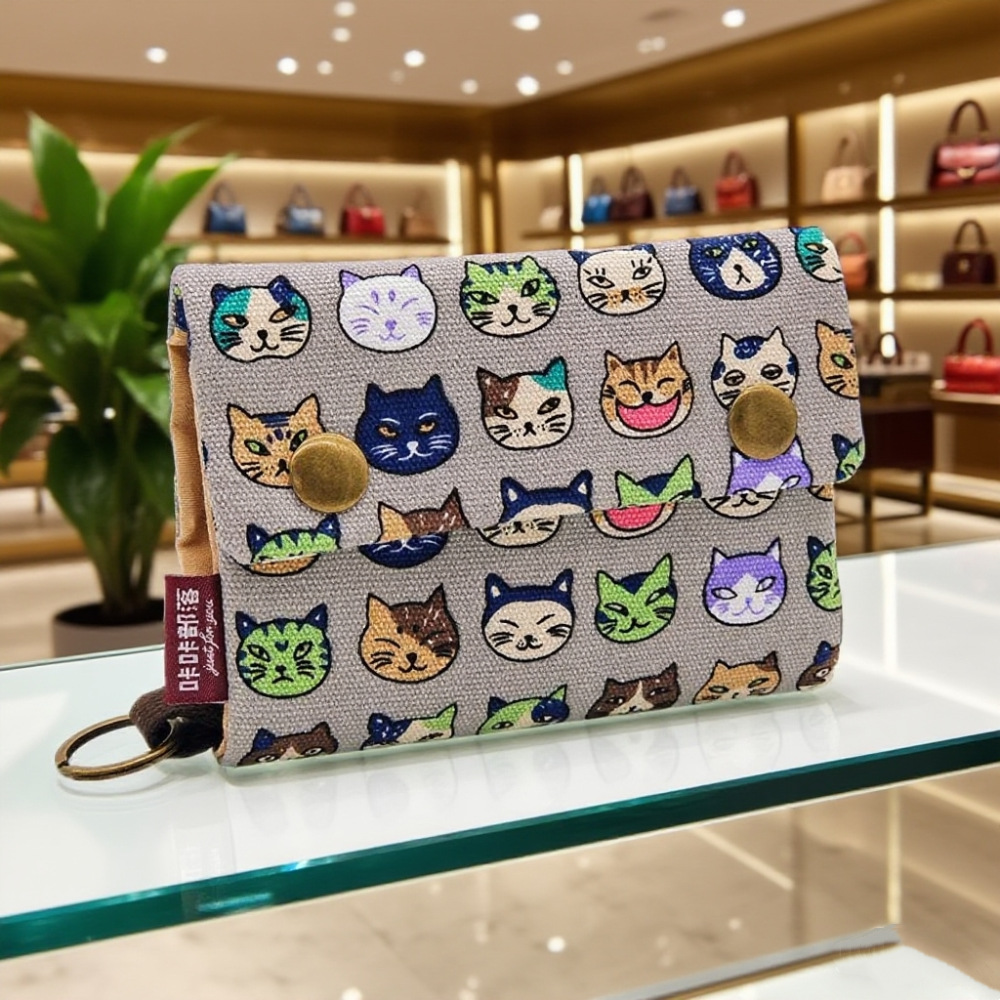 Cartera de lona de mezclilla triple con estampado de dibujos animados creativo, simple para hombres y mujeres, estuche para tarjetas de lona, estuche para llaves