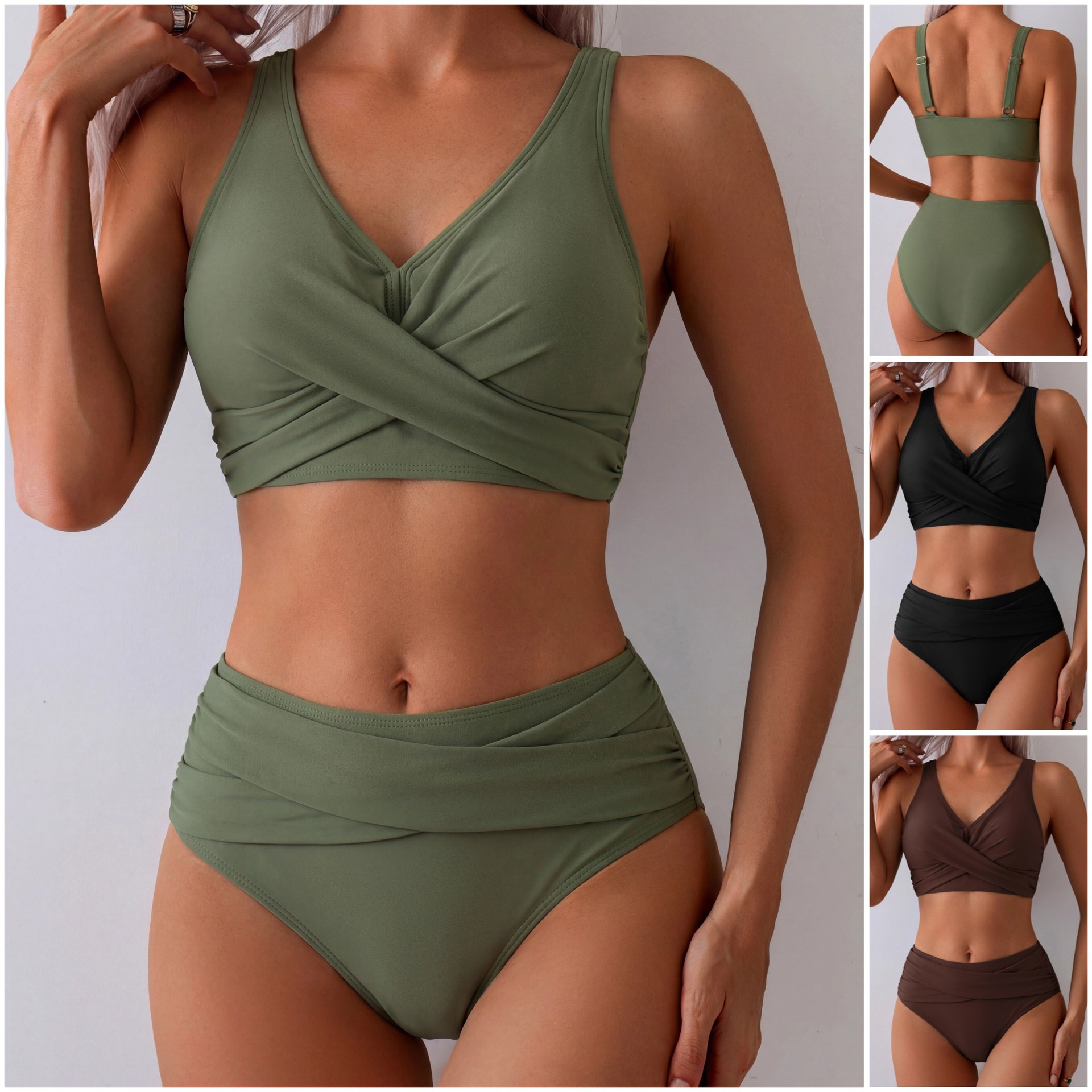 European and American Split Swimsuit Female Sexy Cross Strap High Waist Tight Solid Color Bikini Amazon Cross-Border Swimsuit Female