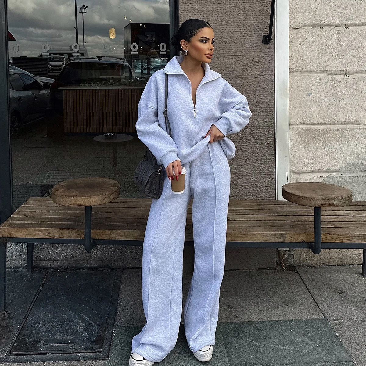 Cross-Border European and American Casual Women's Fashion Half-Cardigan Pullover Sweatshirt and Long Pants Two-Piece Loose Casual Autumn and Winter Set