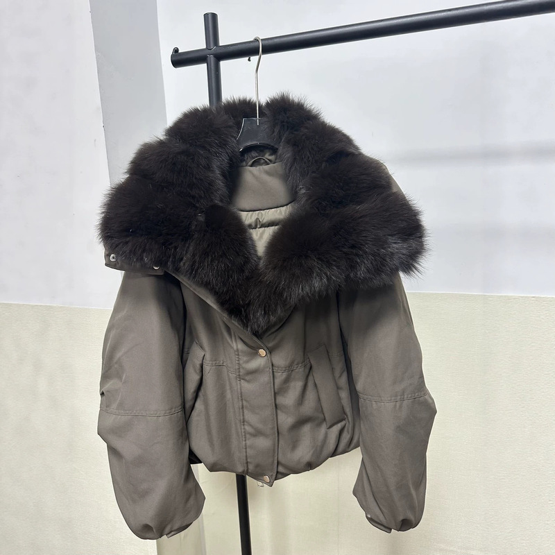 Women's New Autumn and Winter Style Natural Real Fox Fur Collar Hooded White Duck down Jacket Loose Warm Fur Coat