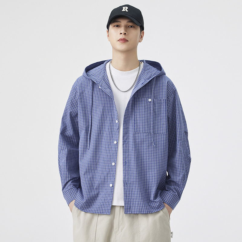 Hooded Plaid Long-Sleeved Shirt Men's Autumn and Winter Lapel Jacket Trendy Youth Tops Youth Loose Casual