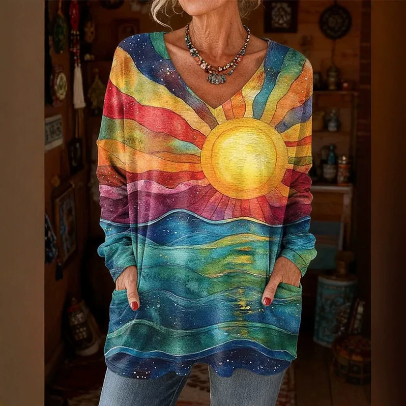 European and American Cross-Border Amazon Independent Site New Vintage Print Spring and Summer Loose Casual Vacation Pocket Long-Sleeve T-Shirt