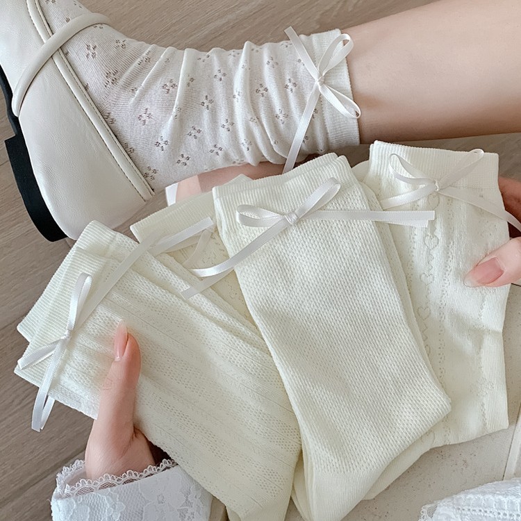 Japanese cute summer thin white autumn knee socks with bow