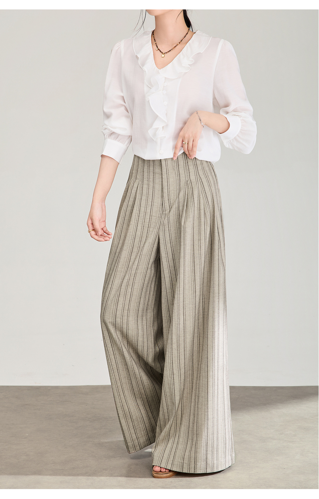 Quần culottes nữ ống rộng sọc kẻ dọc chất liệu tencel cao cấp phong cách công sở — màu kaki chi tiết 14