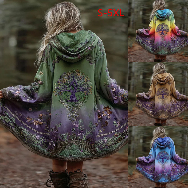 European and American Plus Size Women's Windbreaker Women's Jacket 2025 Autumn and Winter New Mid-Length Hooded Printed Sweatshirt Cardigan