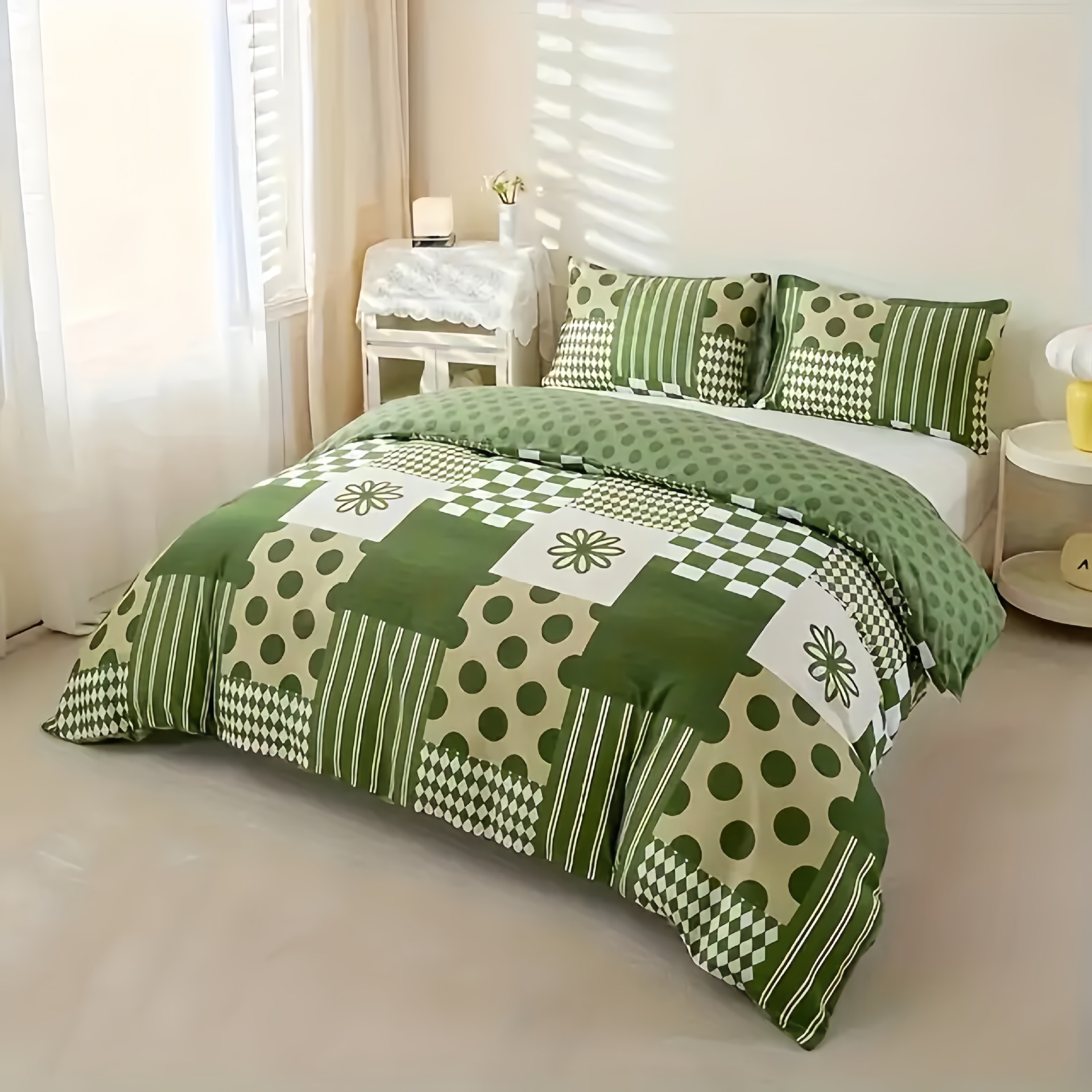 Cross-Border Hot-Selling Three-Piece Set, Small Fresh Plaid, Soft and Skin-Friendly, Four-Season Bedding, Quilt Cover, Pillowcase, Sheets