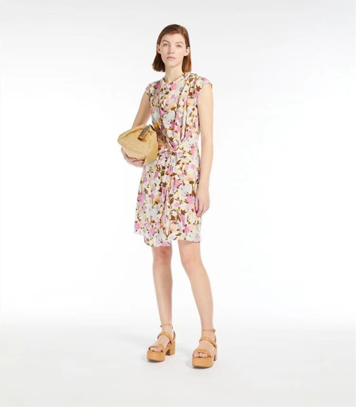 M family New temperament short sleeve floral lace-up waist slimming silk Mulberry silk irregular dress women