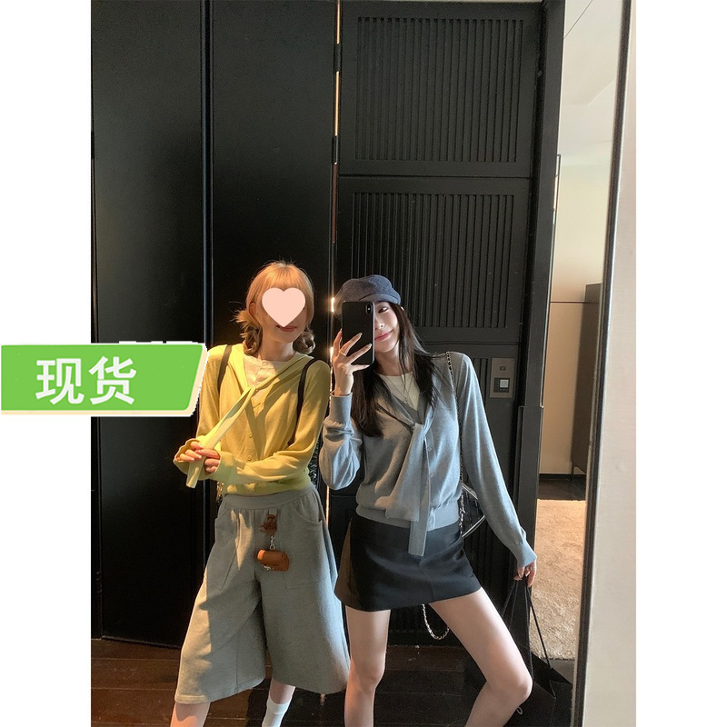 欧阳假两件撞色披肩针织衫女秋季新款慵懒风圆领飘带长袖上衣|undefined