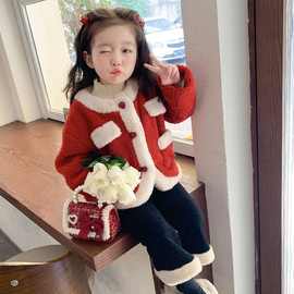 儿童套装2023新款女小童加绒毛毛衣女童圣诞拜年服红色外套冬