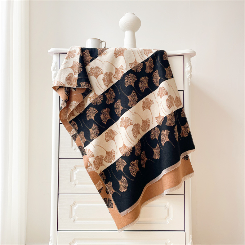 684g Weight Scarf Classification Outdoor, Daily Occasion Imitation cashmere Material Ginkgo Leaf Pattern Autumn&Winter Season Women's Gender Japanese Style, Sweet Style Women's Japanese Style Sweet Ginkgo Leaf Imitation Cashmere Scarf 12